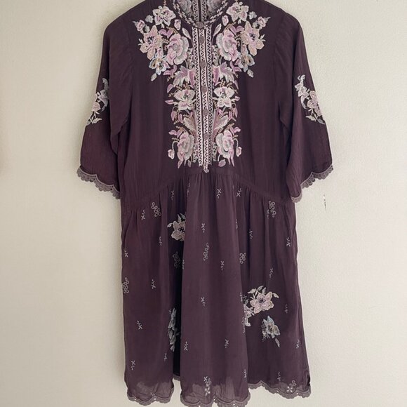 JOHNNY WAS Floral Embroidered Dark Vino/Purple Dress: Pit to Pit: 19"; MARKED XS - Picture 1 of 7